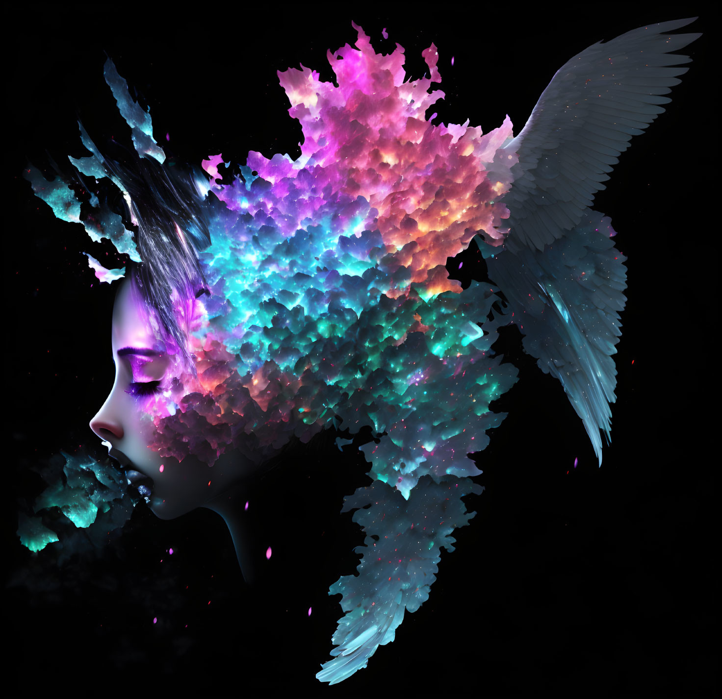 Colorful Crystalline Wings on Woman's Profile Face Artwork