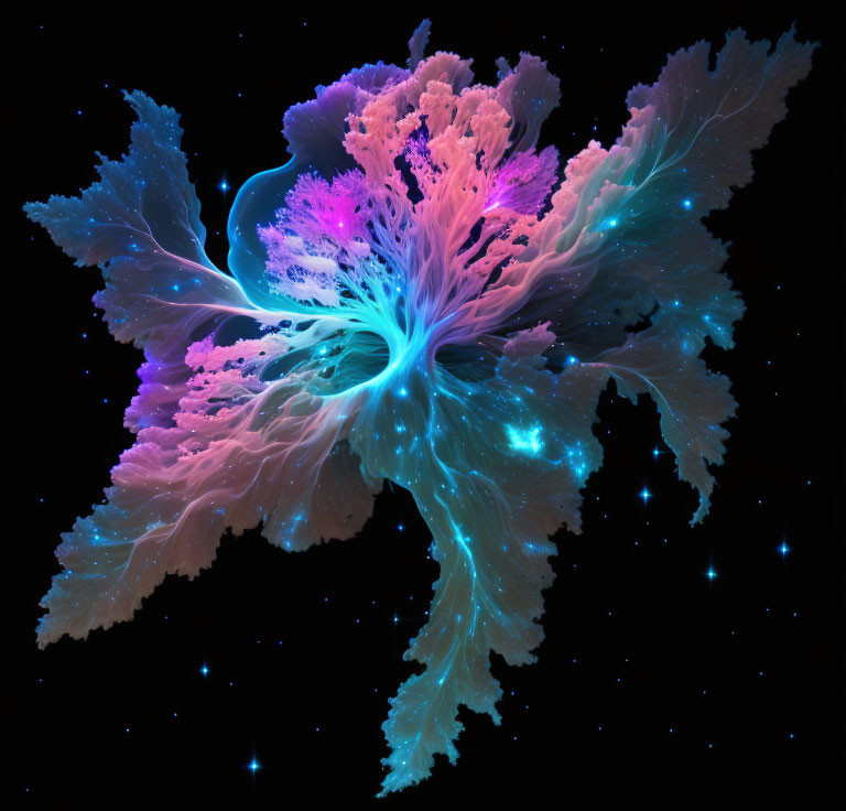 Colorful Digital Artwork: Neon Coral & Abstract Nebula in Blue, Purple, Pink Hues