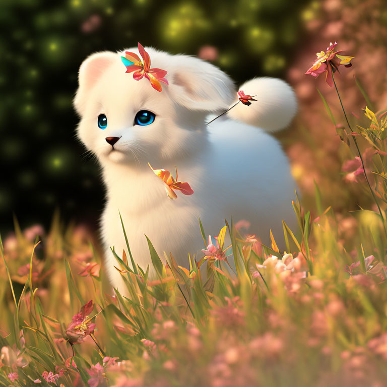 Fluffy White Kitten with Blue Eyes Surrounded by Colorful Flowers