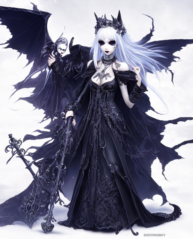 Ethereal figure with bat-like wings in black gothic dress and headdress carrying staff on mist