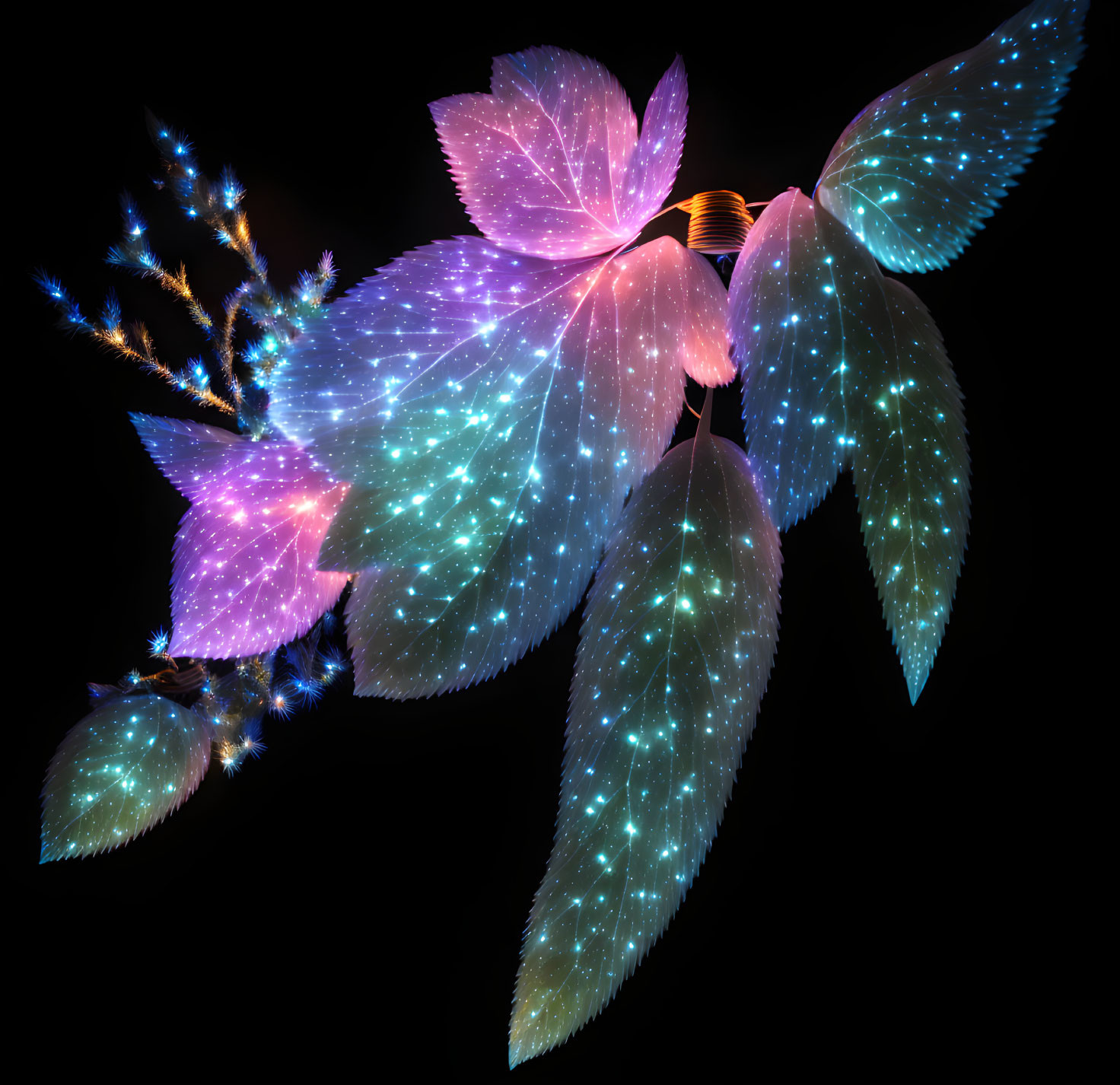 Glowing neon-colored butterfly with star constellation patterns on wings