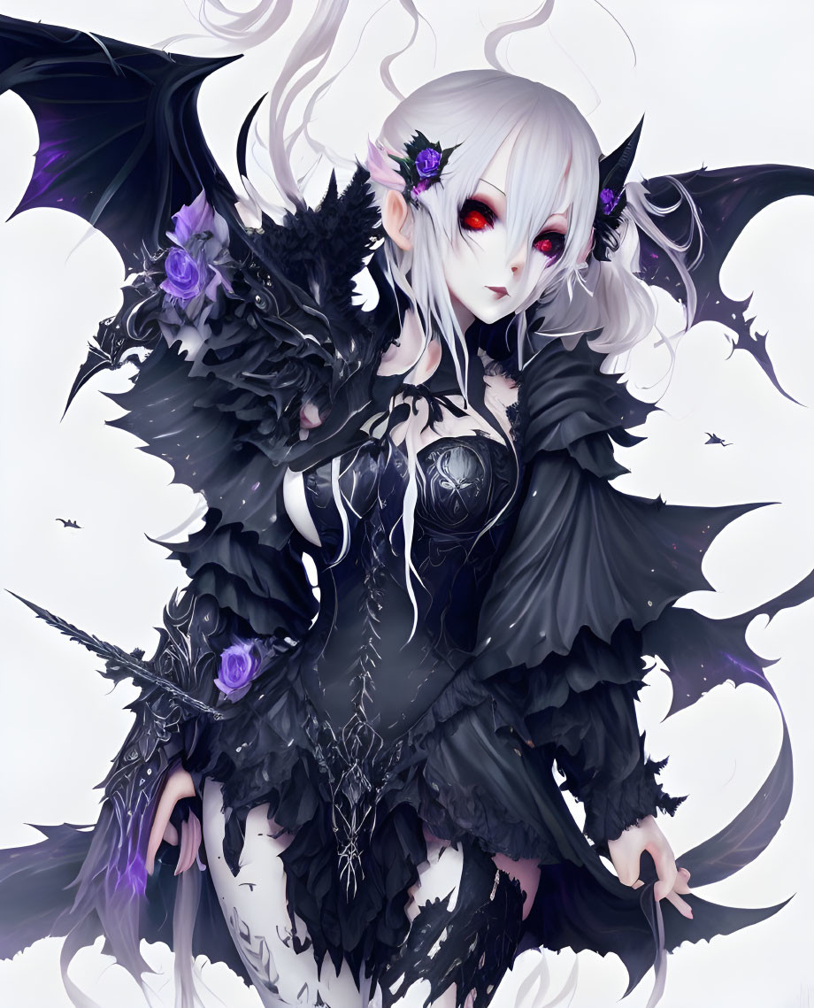 Fantasy female character with pale skin, red eyes, white hair, dark winged armor, purple