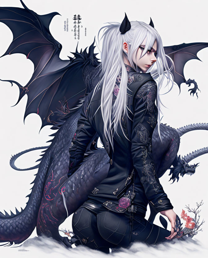 Silver-Haired Anime Character with Dragon Wings and Tail in Black Attire