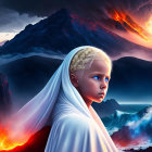 Pale-skinned woman in white robes amidst volcanic eruptions and electric-blue lightning