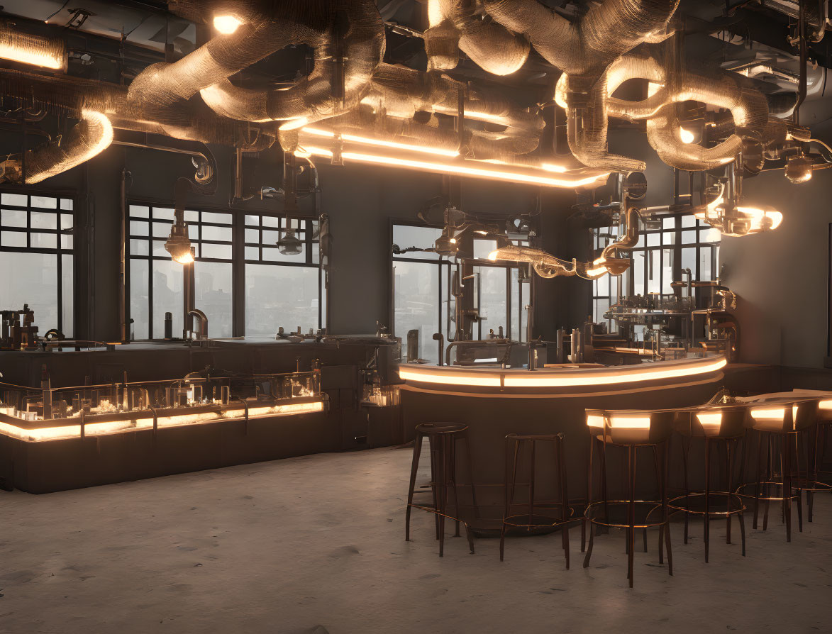 Urban Bar with Exposed Pipework, Warm Lighting, Bar Stools, and City View