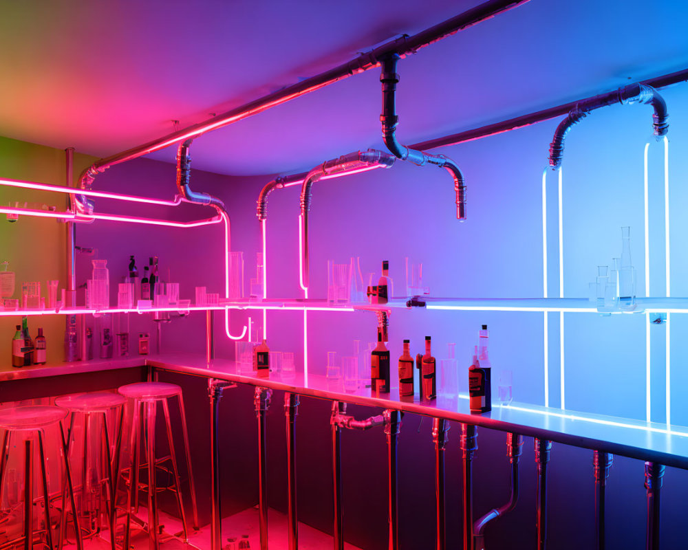 Vibrant neon-lit modern bar with glowing counter and colorful backdrop