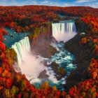 Aerial View of Niagara Falls with Autumn Foliage and Mist