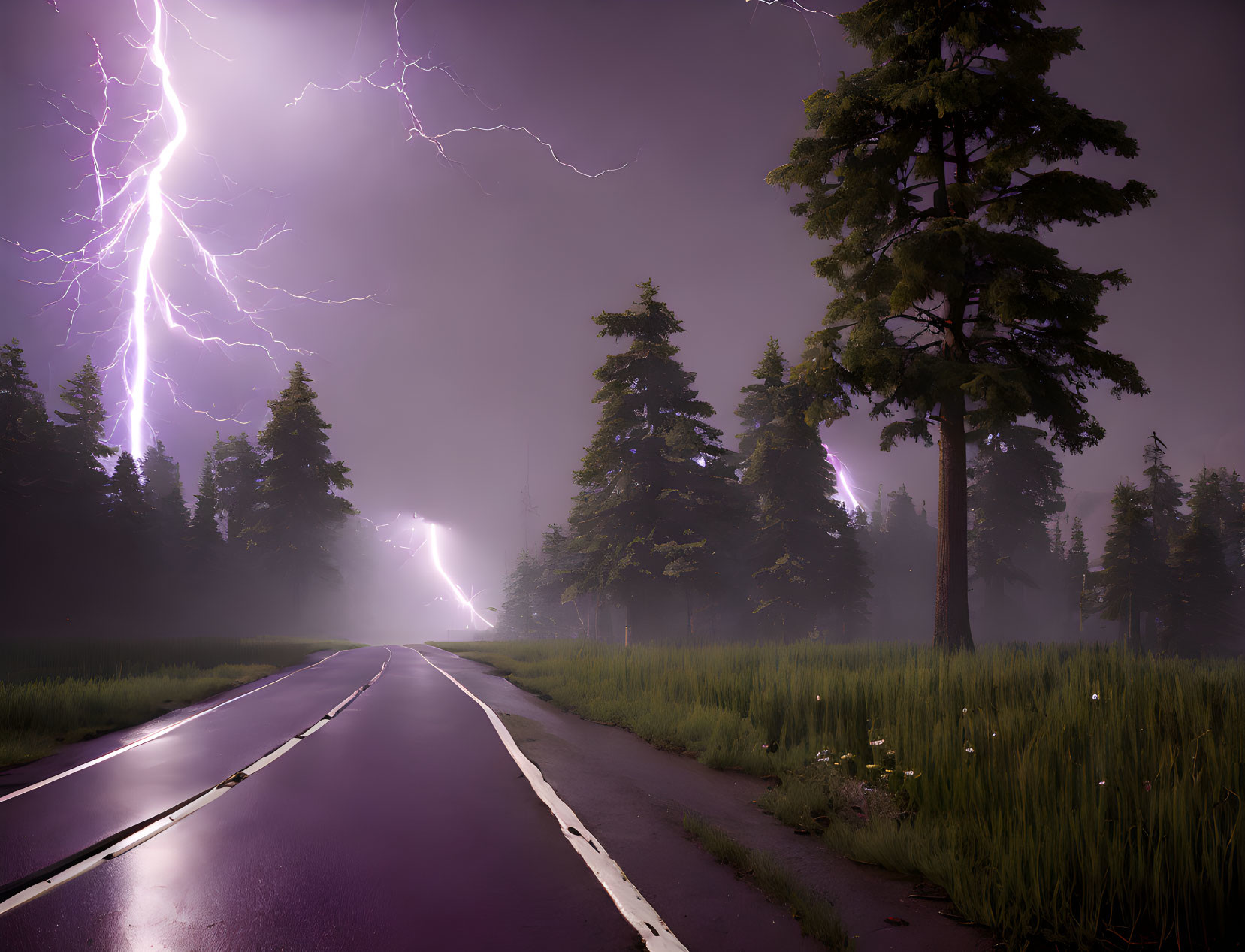 Dark stormy sky over desolate road with lightning strike