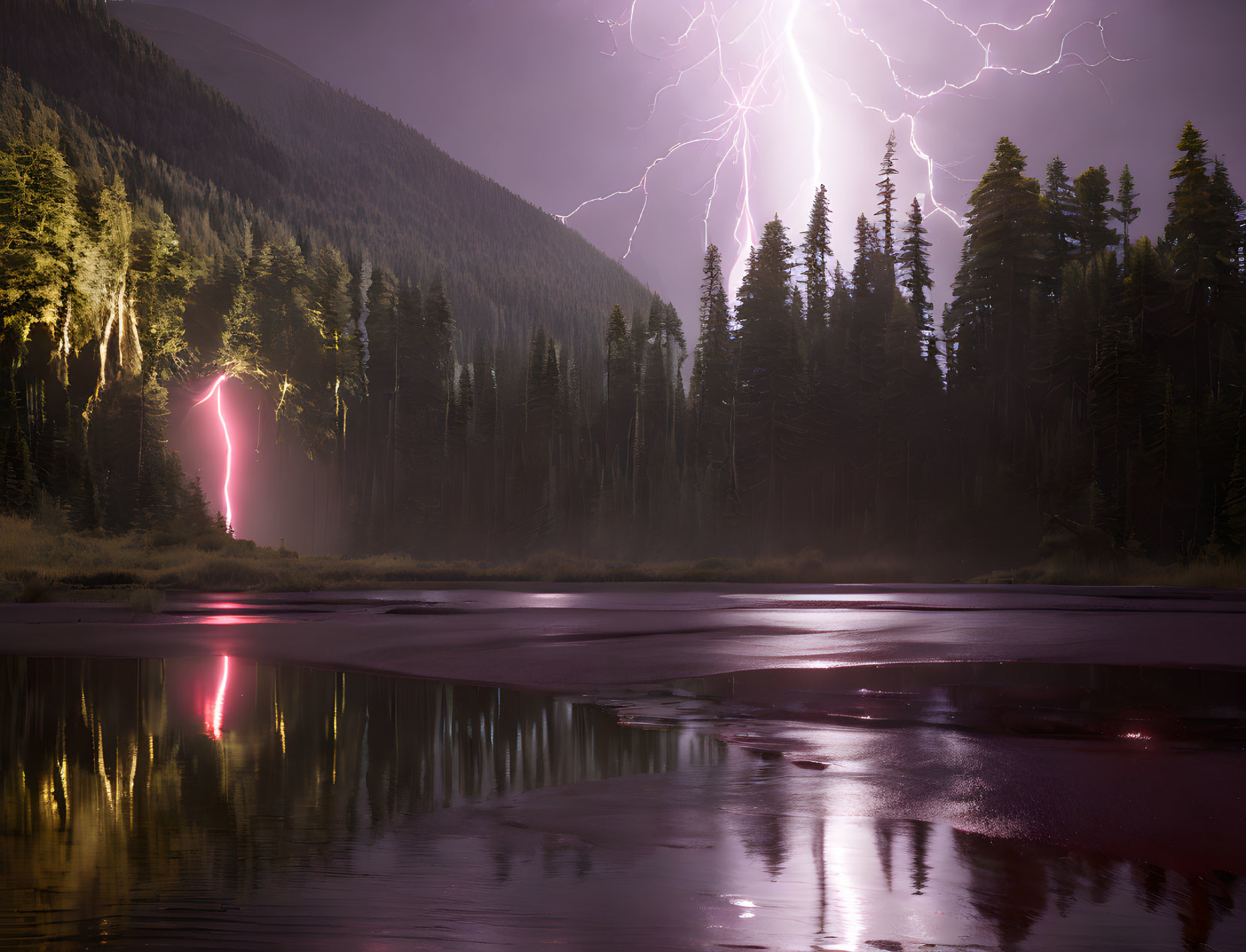 Dramatic lightning bolt near tranquil forest at dusk