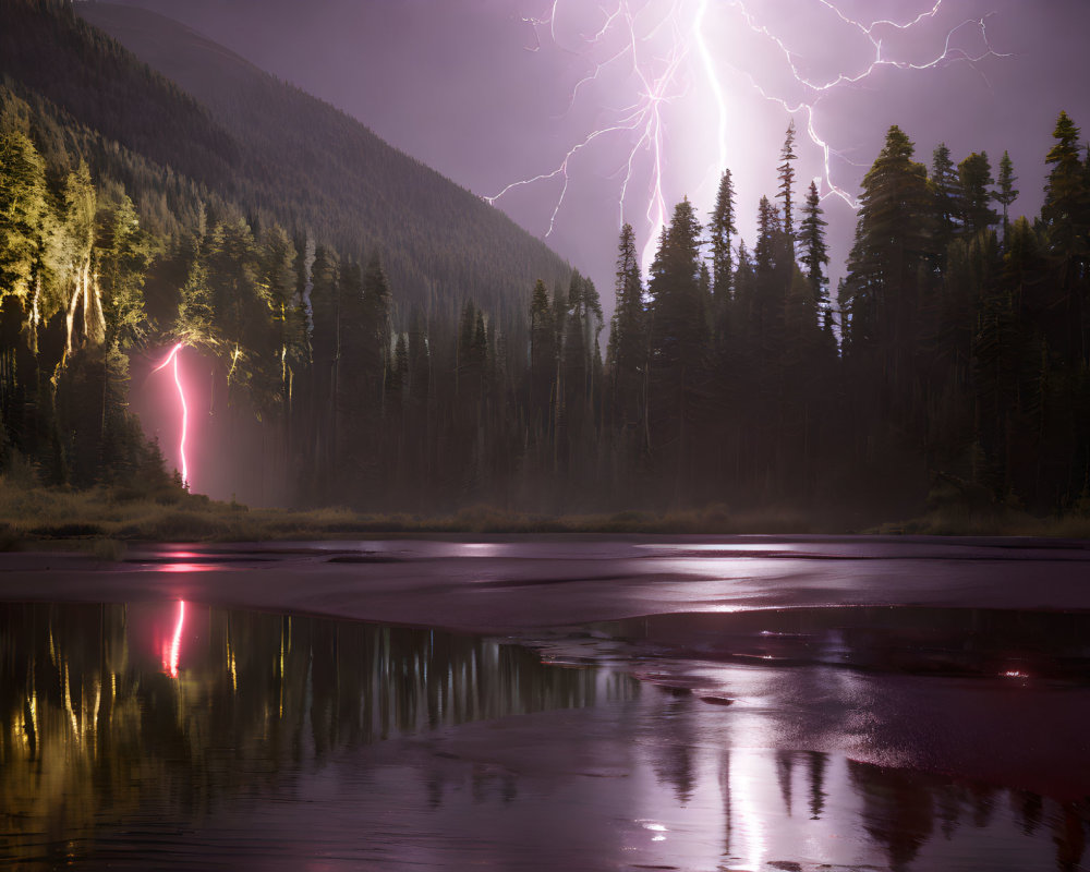 Dramatic lightning bolt near tranquil forest at dusk