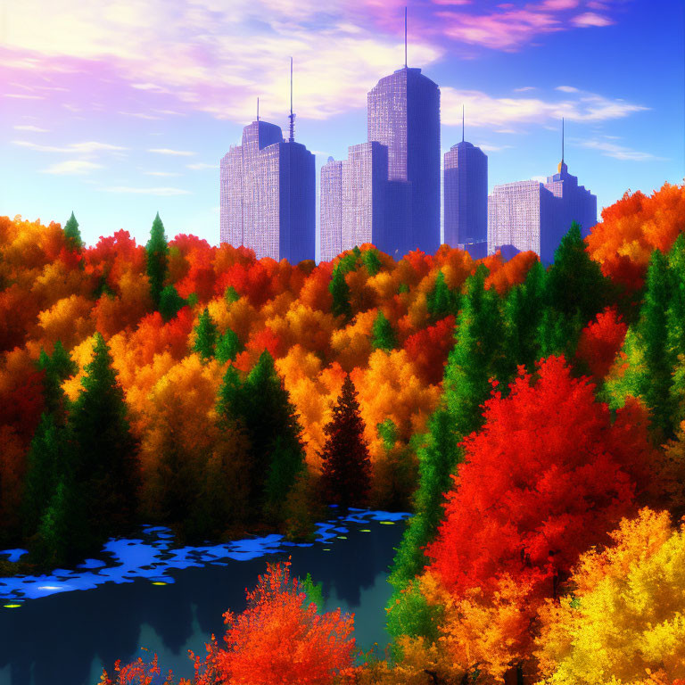 Colorful autumn forest and city skyline under blue sky