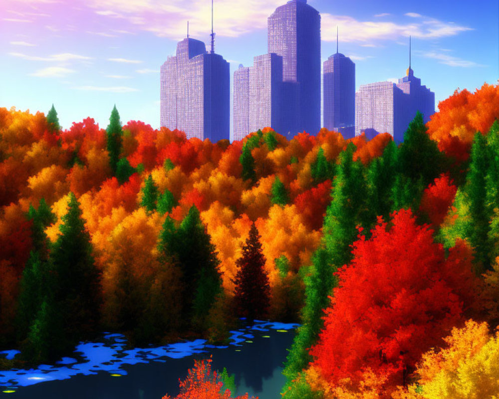 Colorful autumn forest and city skyline under blue sky