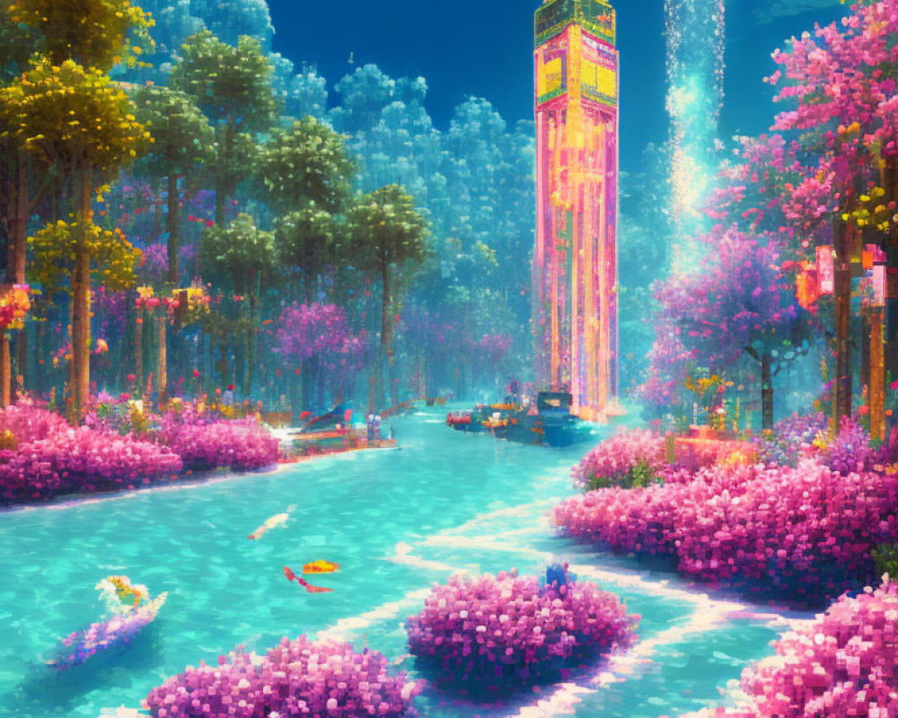 Fantasy artwork: Canal scene with boats, pink flora, clock tower in forest