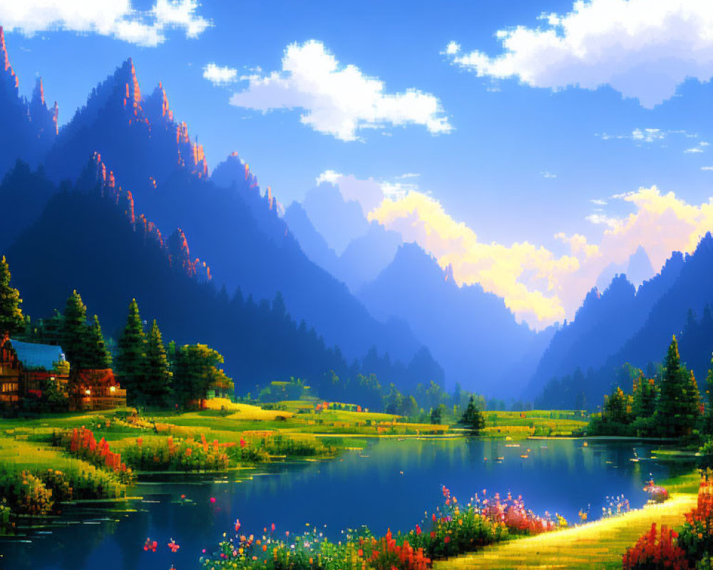 Digital art image: Serene lakeside scene at sunset with vibrant flowers, cabin, and majestic mountains