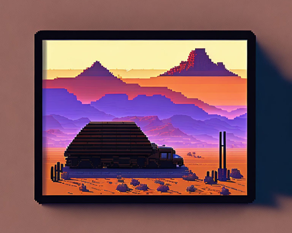 Desert sunset pixel art on framed canvas