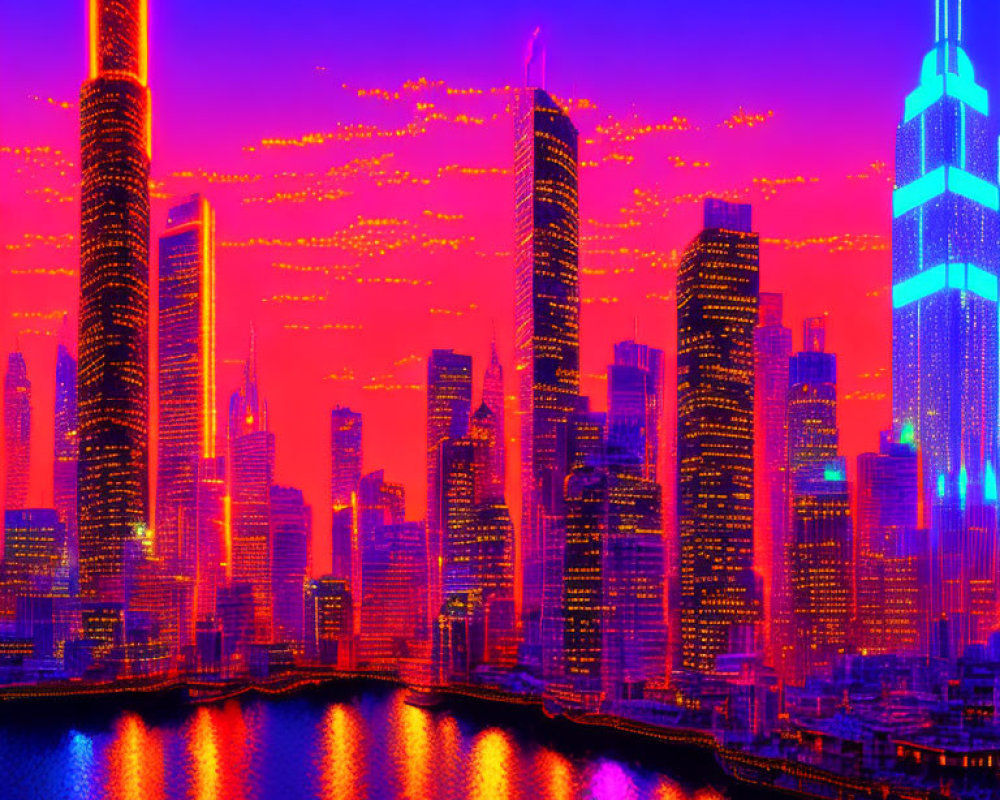 Futuristic cityscape art: neon blue and orange hues, crimson sky