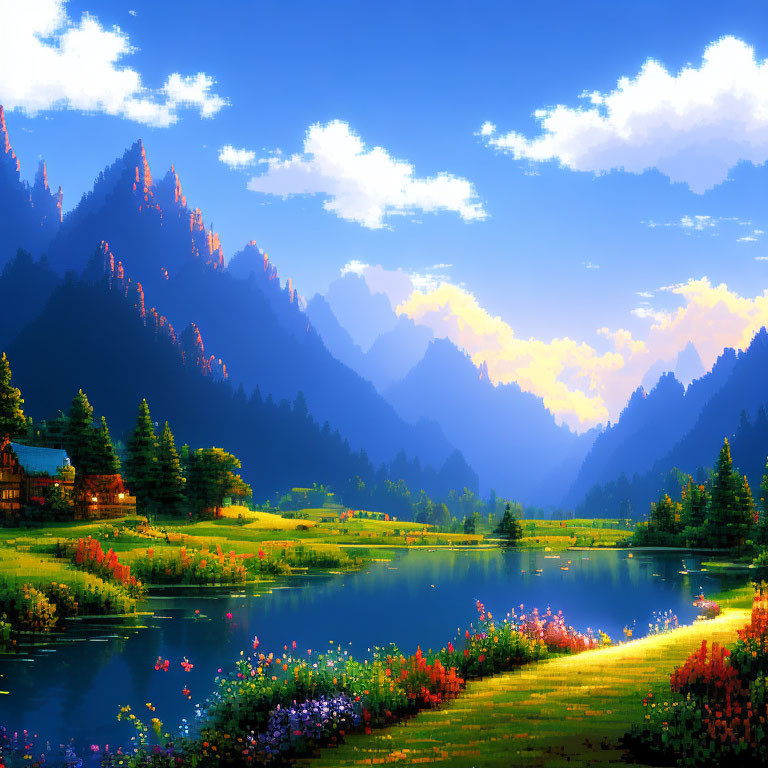 Digital art image: Serene lakeside scene at sunset with vibrant flowers, cabin, and majestic mountains