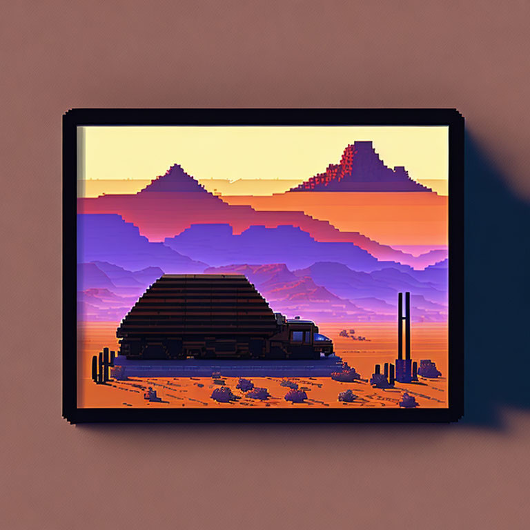 Desert sunset pixel art on framed canvas