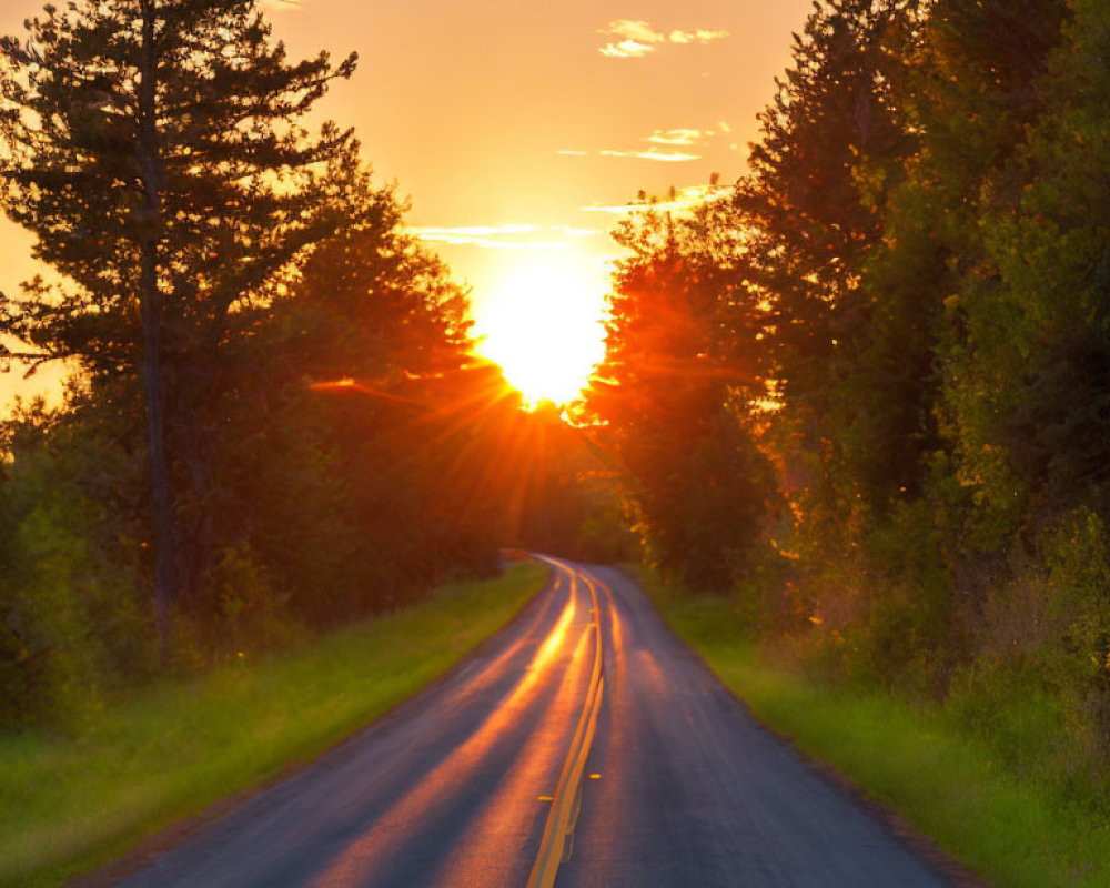 Scenic sunset with sunbeams through trees on winding road