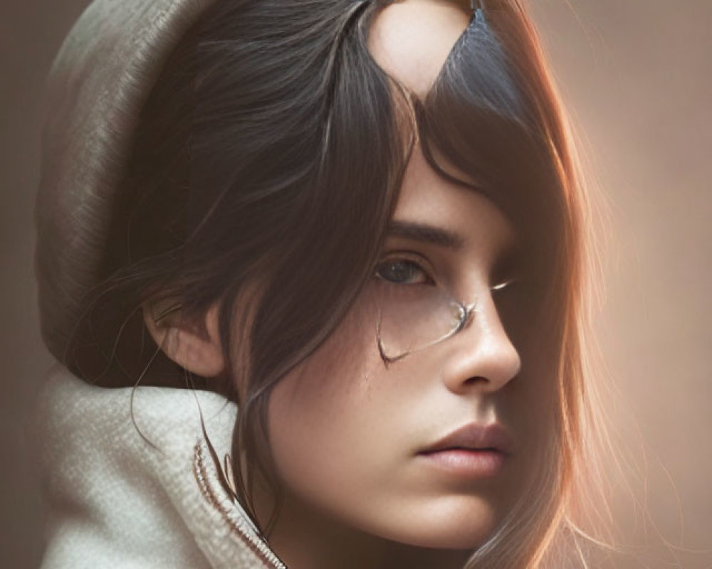 Portrait of person with long dark hair in hoodie, contemplative expression, tear on cheek