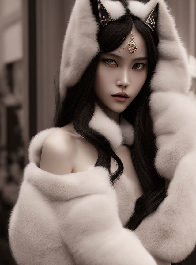 Pale-skinned individual with cat-like ears, sharp eyes, gold ornament, and white fur.