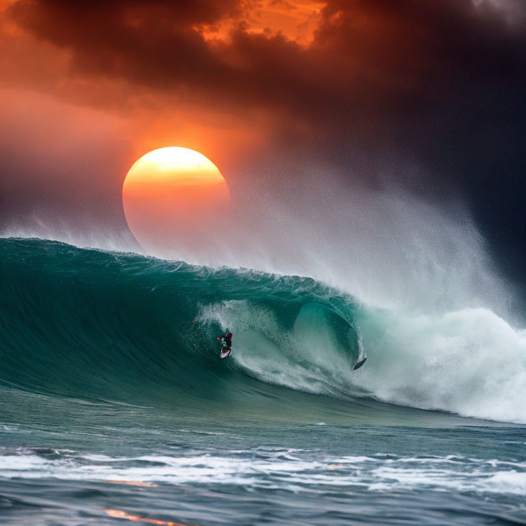 Surfer riding towering wave at sunset with stormy clouds