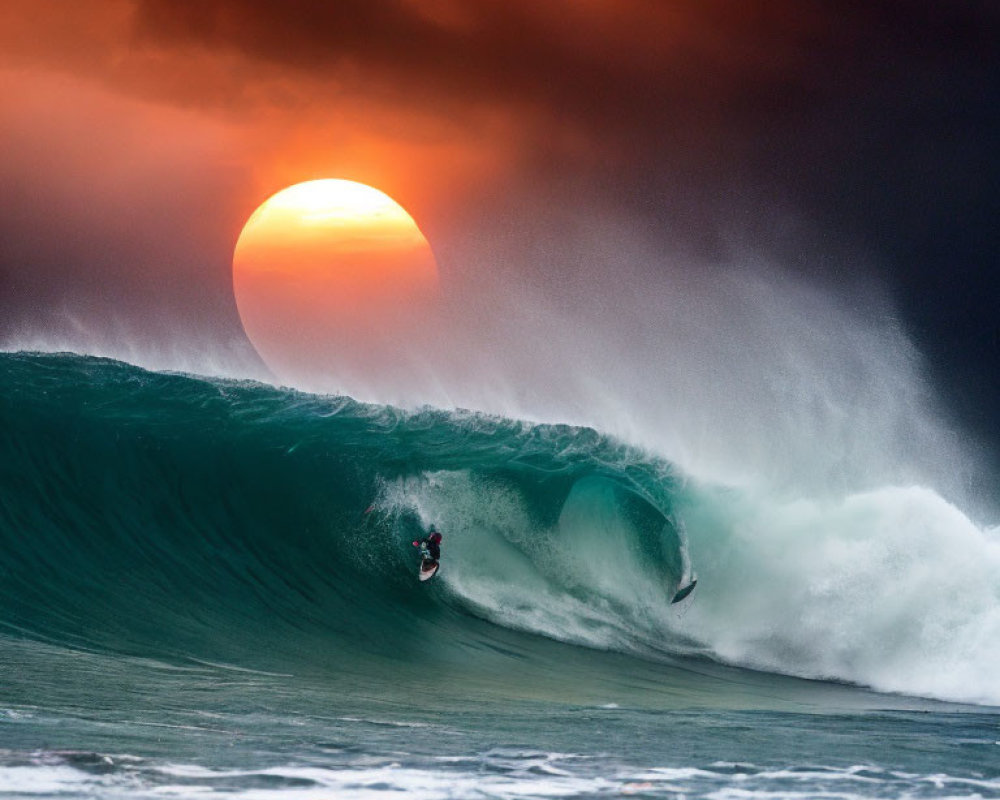 Surfer riding towering wave at sunset with stormy clouds