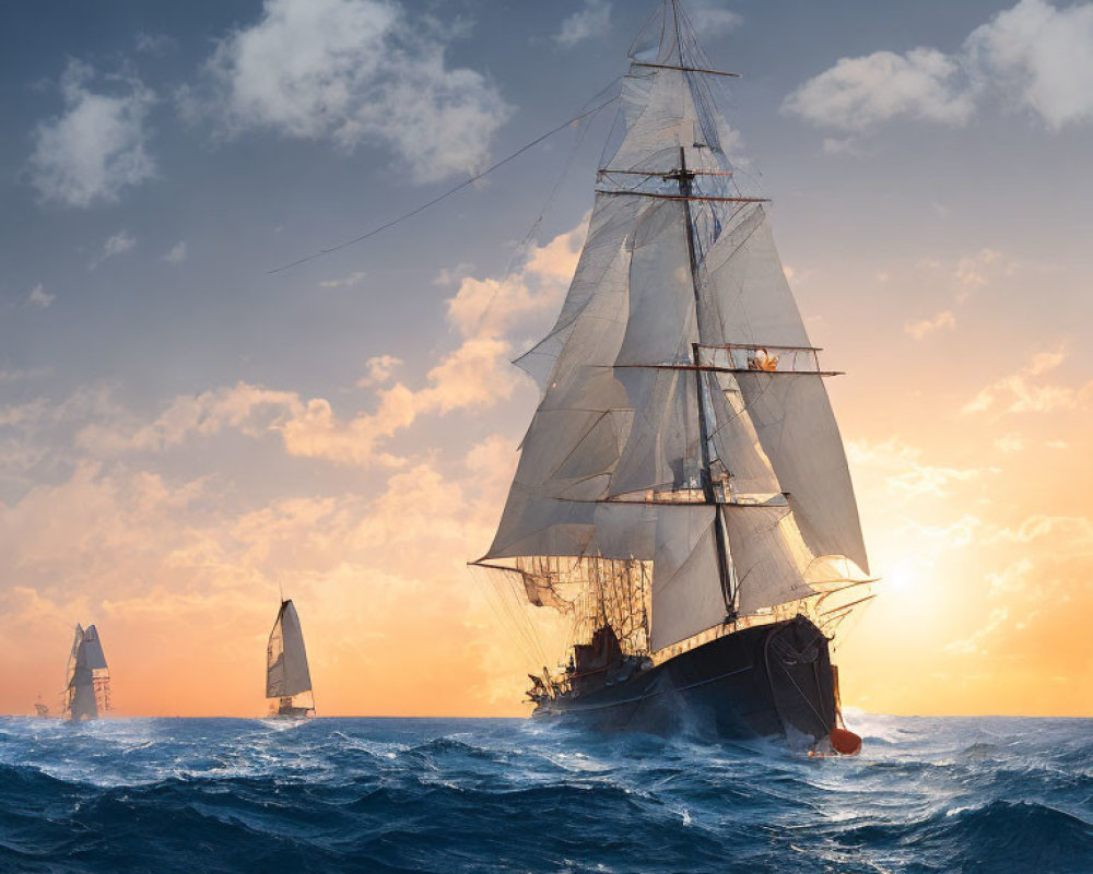 Sailboats on rough sea at sunset with tall ship and dramatic sky