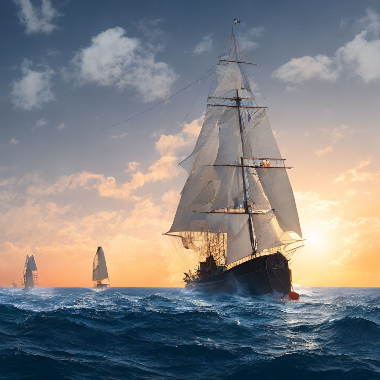 Sailboats on rough sea at sunset with tall ship and dramatic sky