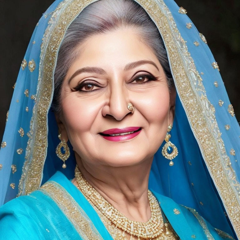 Elderly woman in blue traditional outfit with gold jewelry smiling