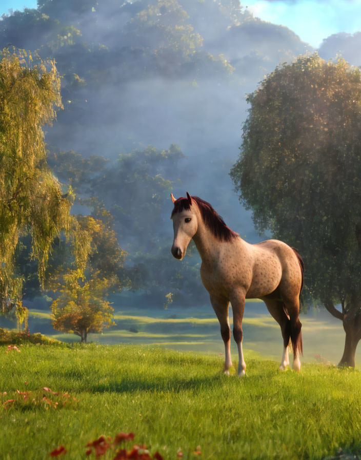 Spotted horse in sunlit meadow with misty trees