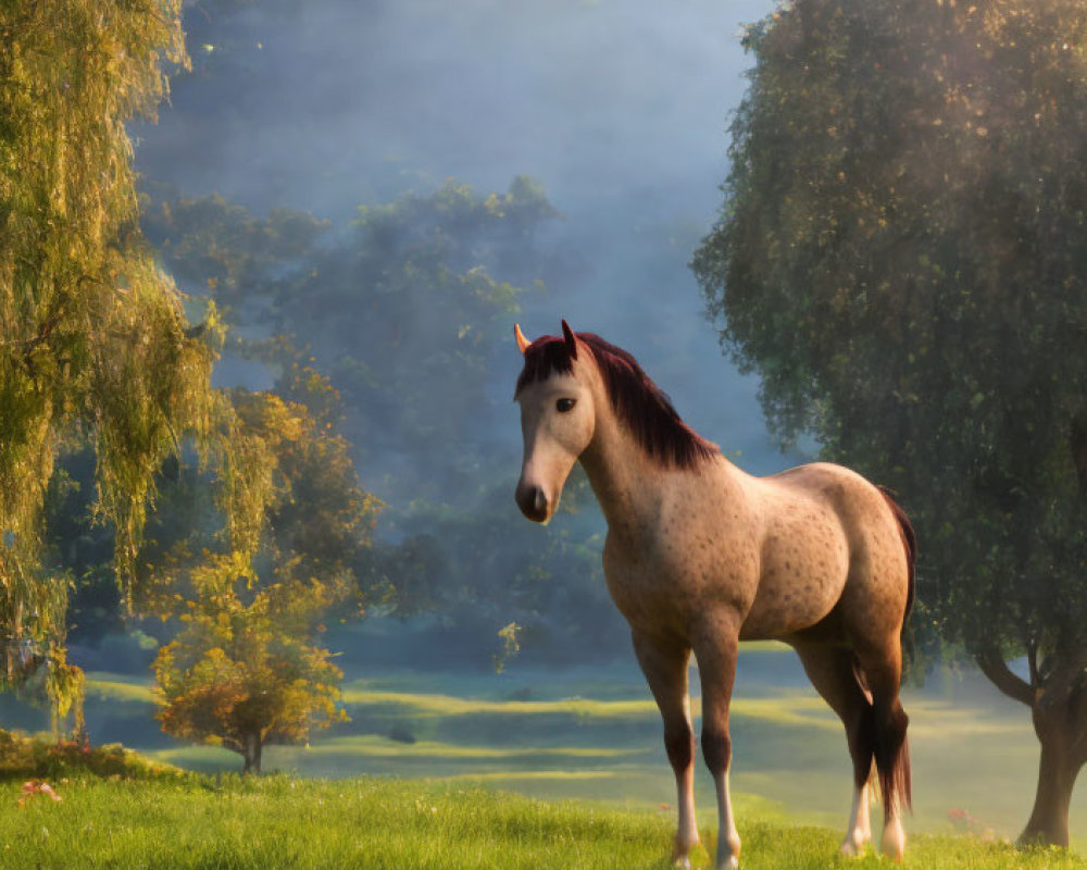 Spotted horse in sunlit meadow with misty trees