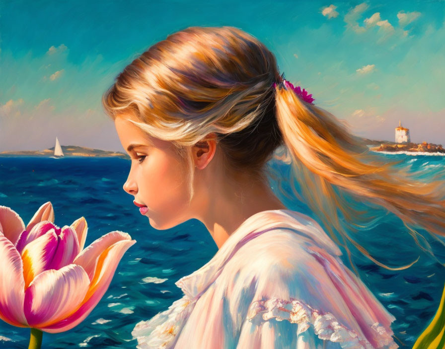 Portrait of a young woman with blonde hair and pink tulip, set against a seascape with l