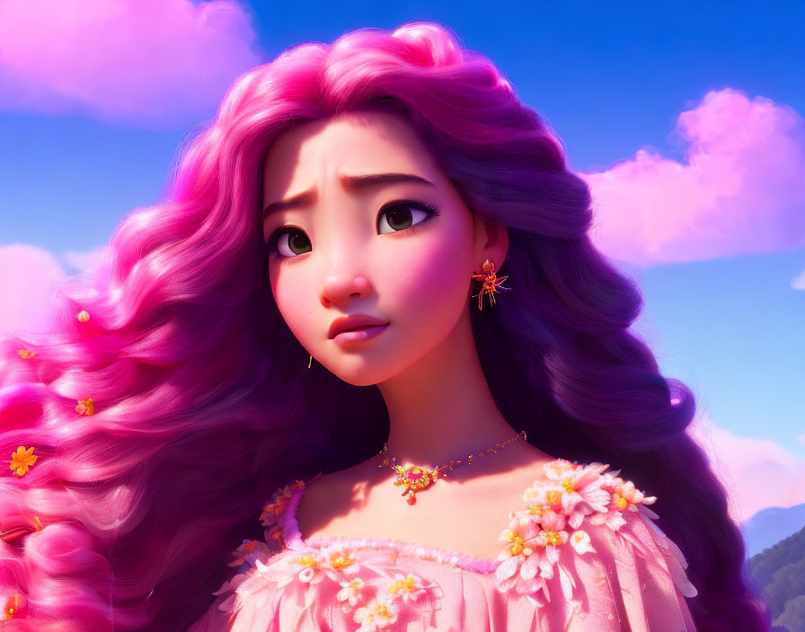 Vibrant Pink-Haired 3D Animated Character in Floral Dress