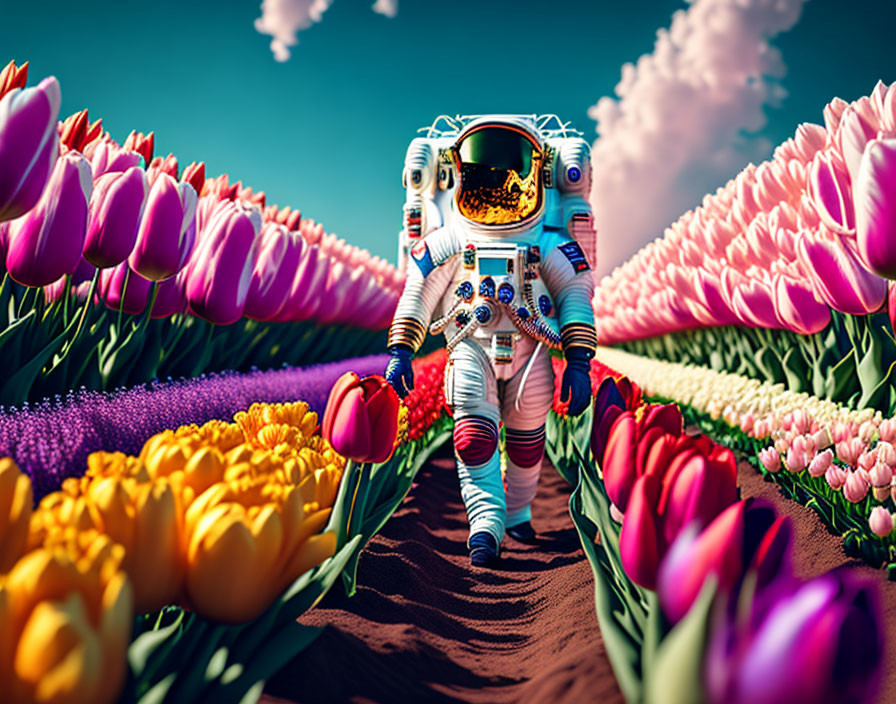 Astronaut with tulip in vibrant tulip field under blue sky