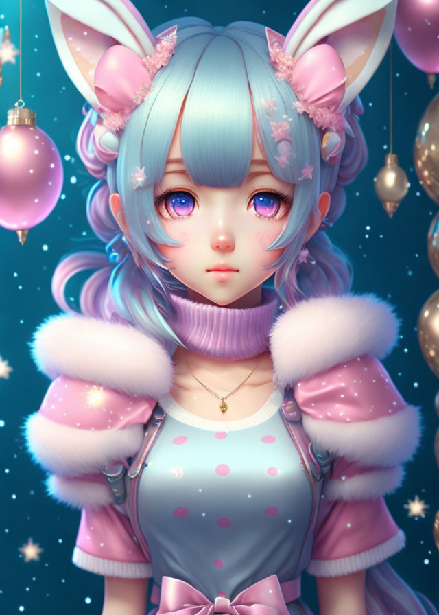 Blue-haired anime character with rabbit ears and purple eyes in turtleneck and overalls with pink fur