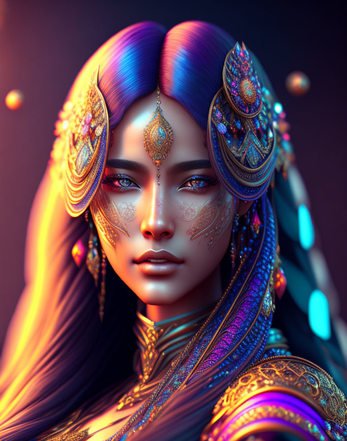 Colorful fantasy makeup and ornate headgear on a woman in a mystical digital artwork