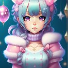 Blue-haired anime character with rabbit ears and purple eyes in turtleneck and overalls with pink fur