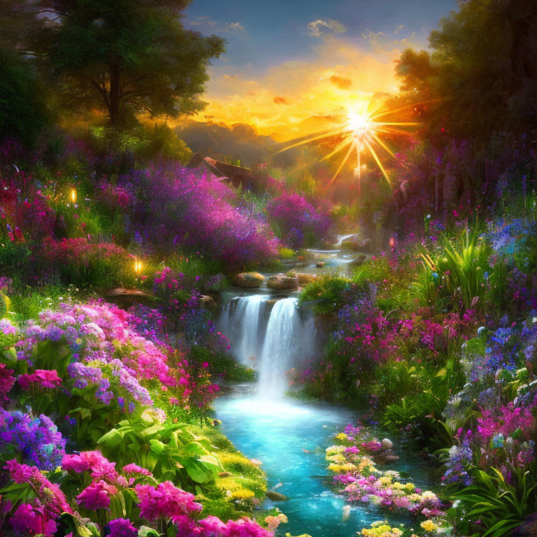 Lush garden with waterfall, colorful flowers, and sunset