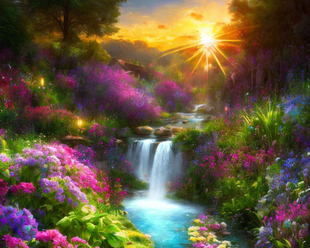 Lush garden with waterfall, colorful flowers, and sunset