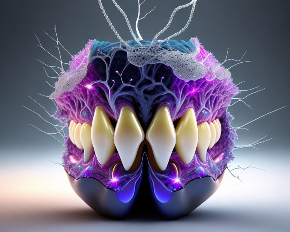 Surreal digital artwork of clam with human-like teeth in vibrant purple and glowing blue.