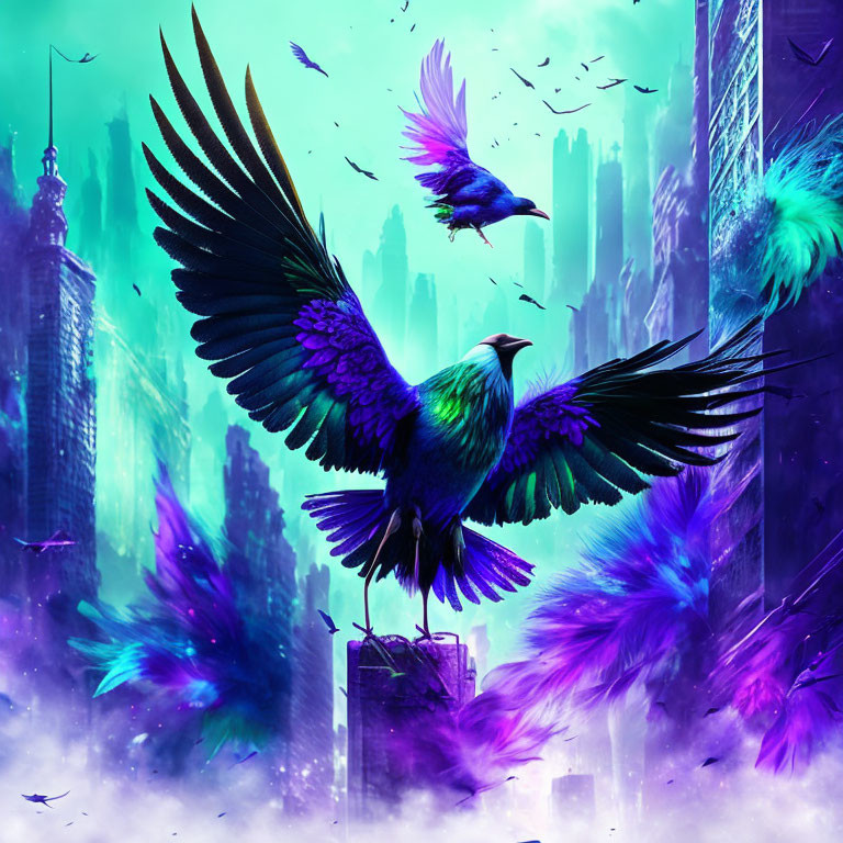 Majestic iridescent bird soaring over fantasy cityscape with purple hues