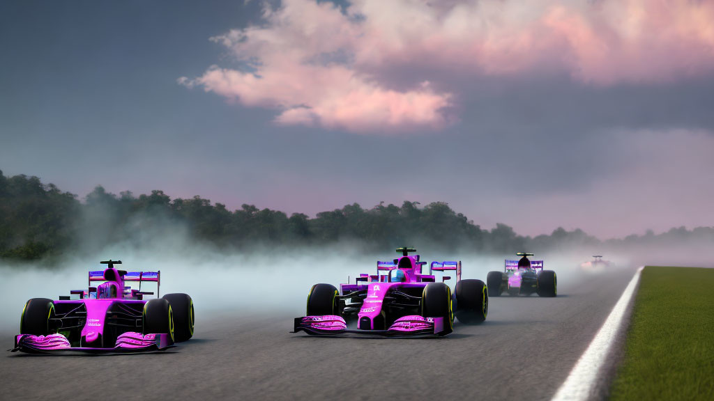 Three Purple Formula 1 Cars Racing on Misty Dusk Track