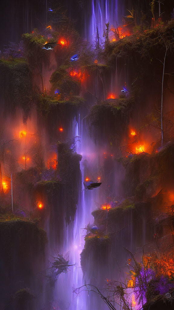 Mystical waterfall with glowing lights and birds in surreal landscape