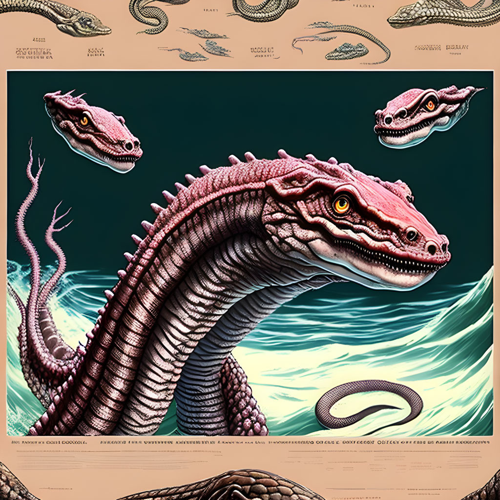 Mythical Sea Serpent Poster with Multiple Heads and Detailed Scales