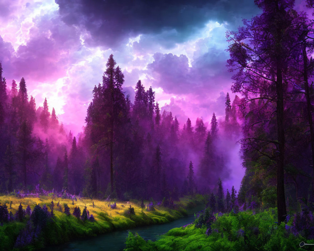 Lush forest with meandering river under purple sky