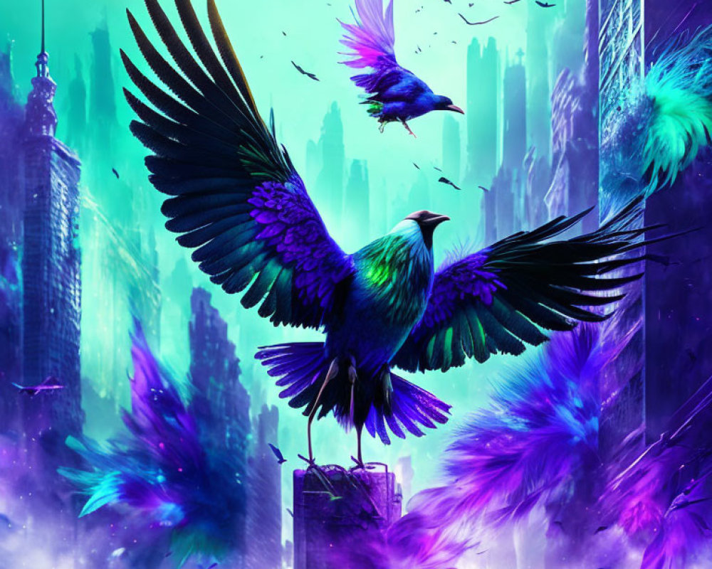 Majestic iridescent bird soaring over fantasy cityscape with purple hues