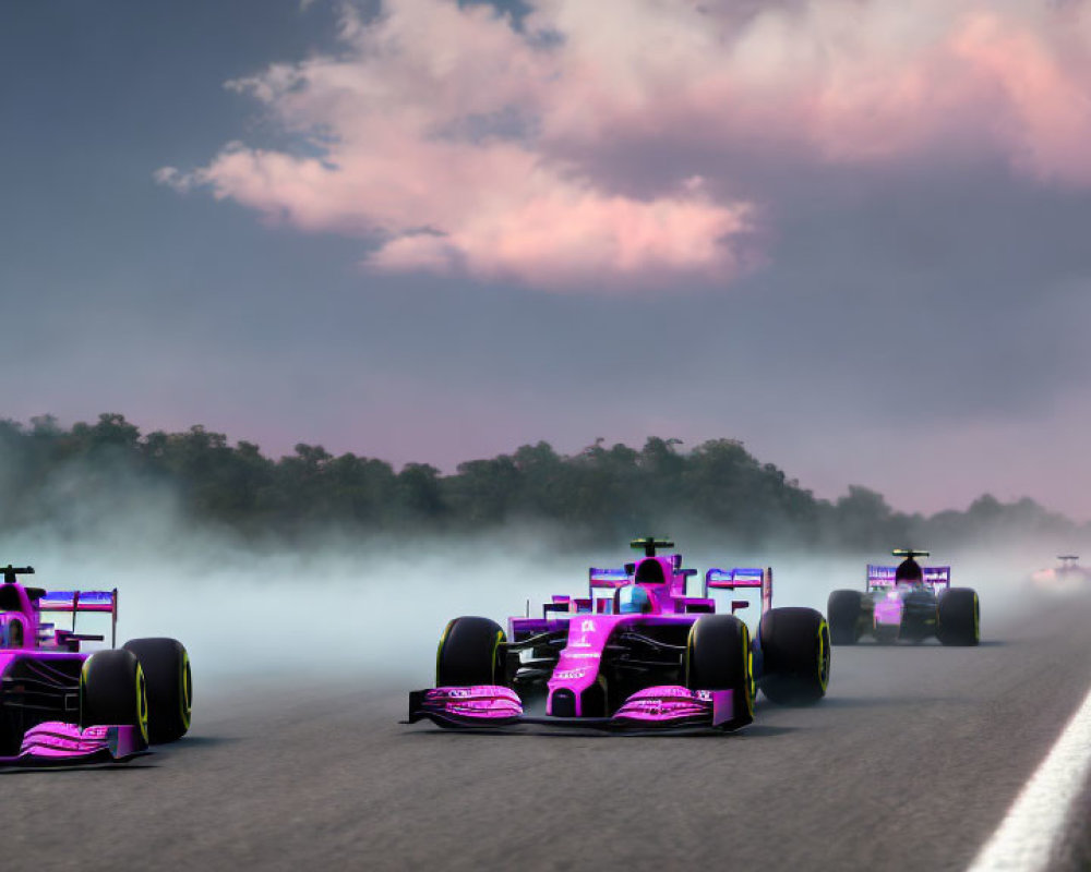 Three Purple Formula 1 Cars Racing on Misty Dusk Track