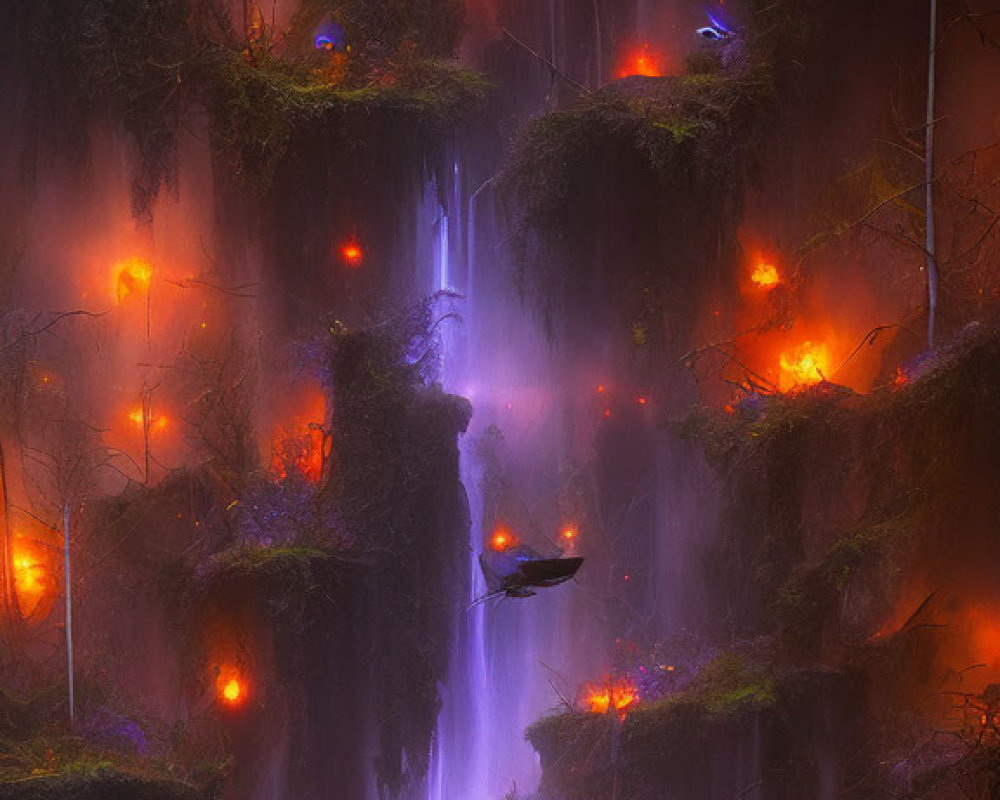 Mystical waterfall with glowing lights and birds in surreal landscape