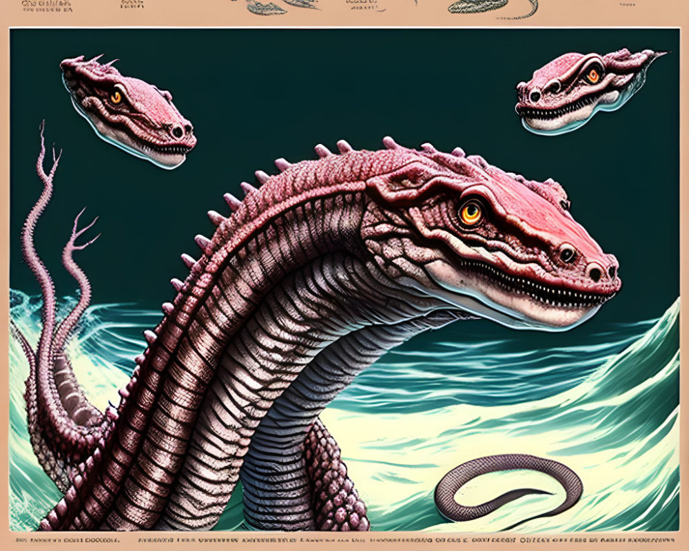 Mythical Sea Serpent Poster with Multiple Heads and Detailed Scales